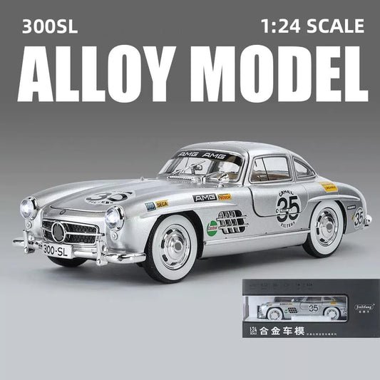 1955 Mercedes-Benz 300SL Vintage Diecast Model Car – Pull Back Alloy Toy Vehicle with Sound & Light, Openable Doors – Classic Collectible for Kids & Car Enthusiasts 1:24 Scale (Silver)