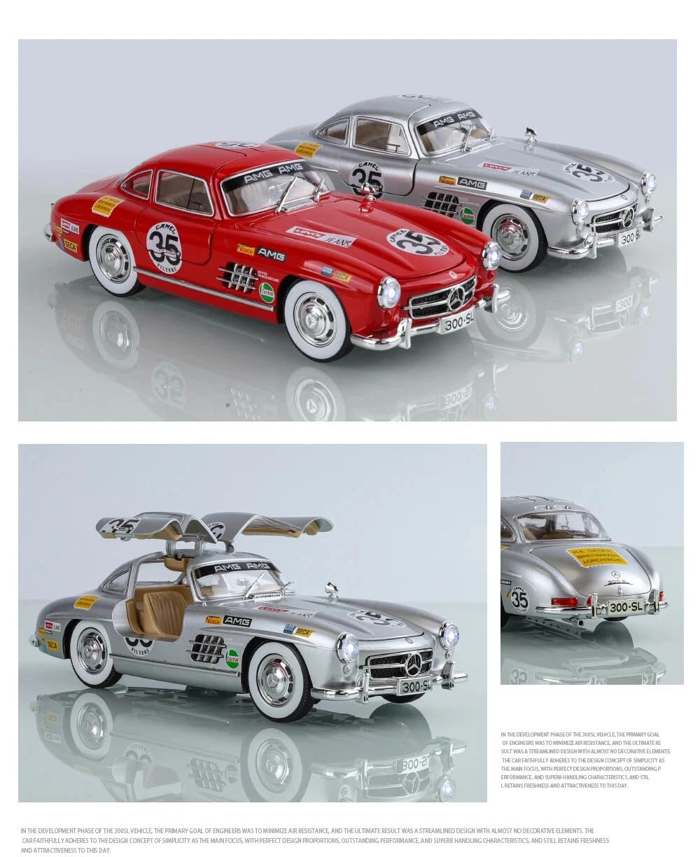 1955 Mercedes-Benz 300SL Vintage Diecast Model Car – Pull Back Alloy Toy Vehicle with Sound & Light, Openable Doors – Classic Collectible for Kids & Car Enthusiasts 1:24 Scale (Silver)