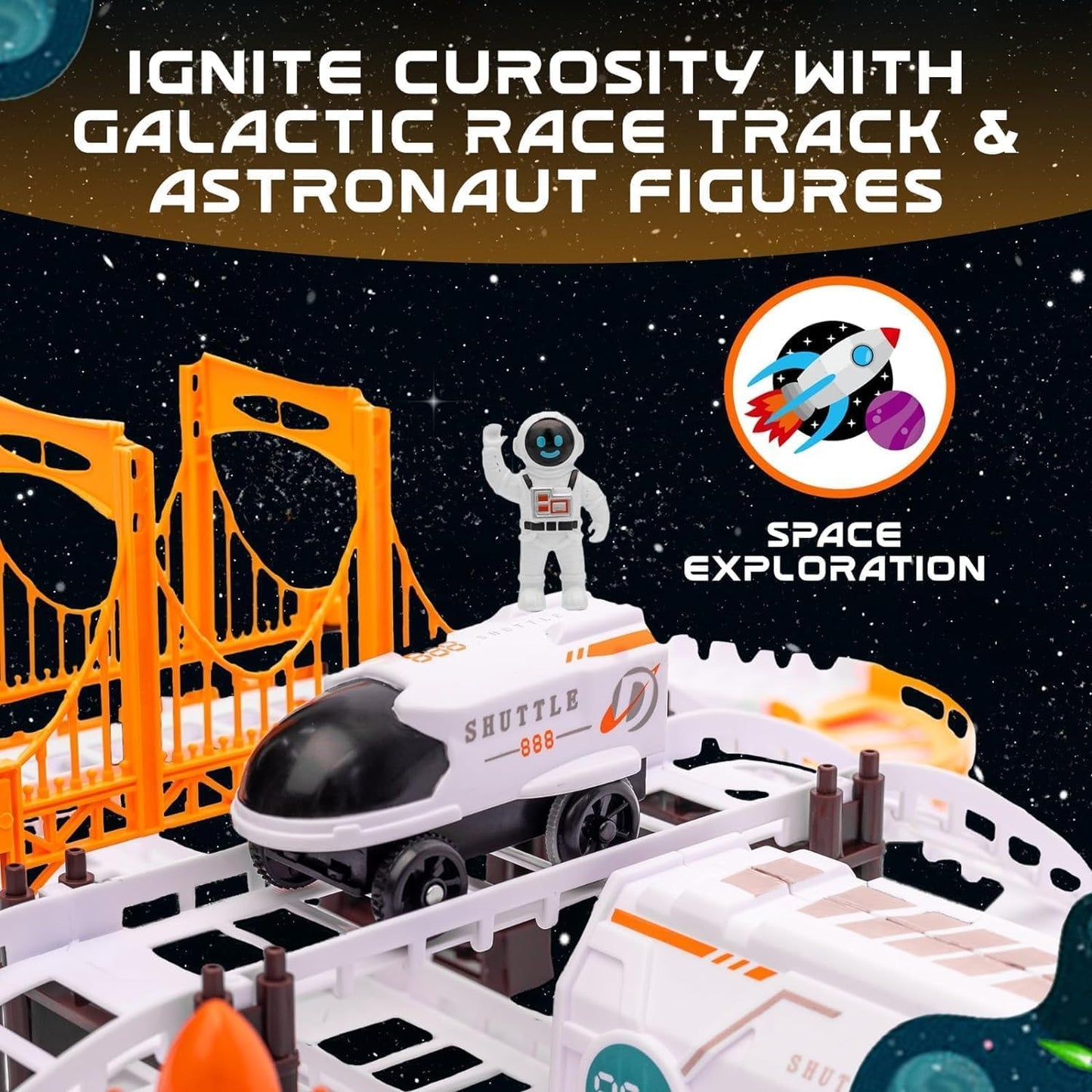 Space Themed Battery Operated DIY Race Track Set with Space Shuttle Car | Learning and Educational Toy for Kids Boys Girls 3+ Years