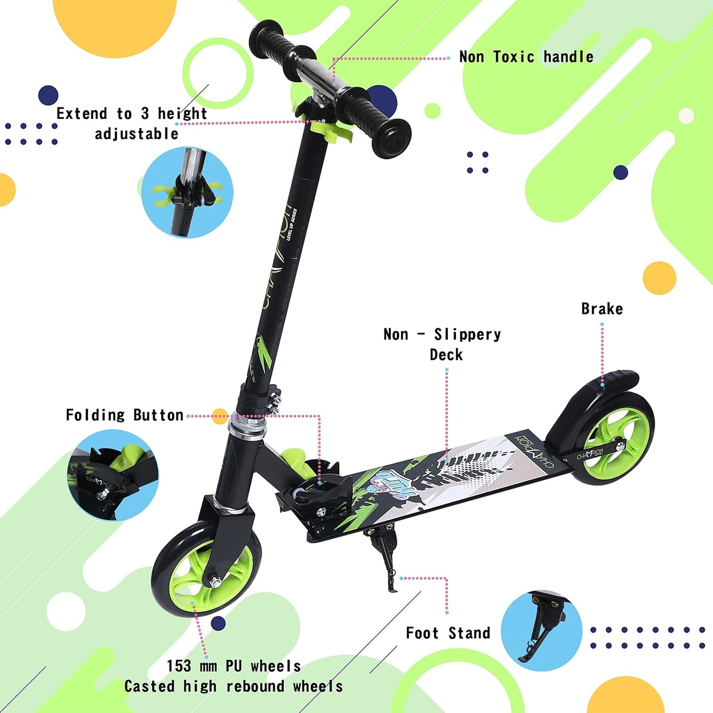 Champion Kick Scooter for Kids 2 Wheels Steel Frame Large Foldable & Height Adjustable with Suspension Brake 2 Wheels Skate (Weight Capacity Up to 50 Kgs, Age 3+ years Boys & Girls)