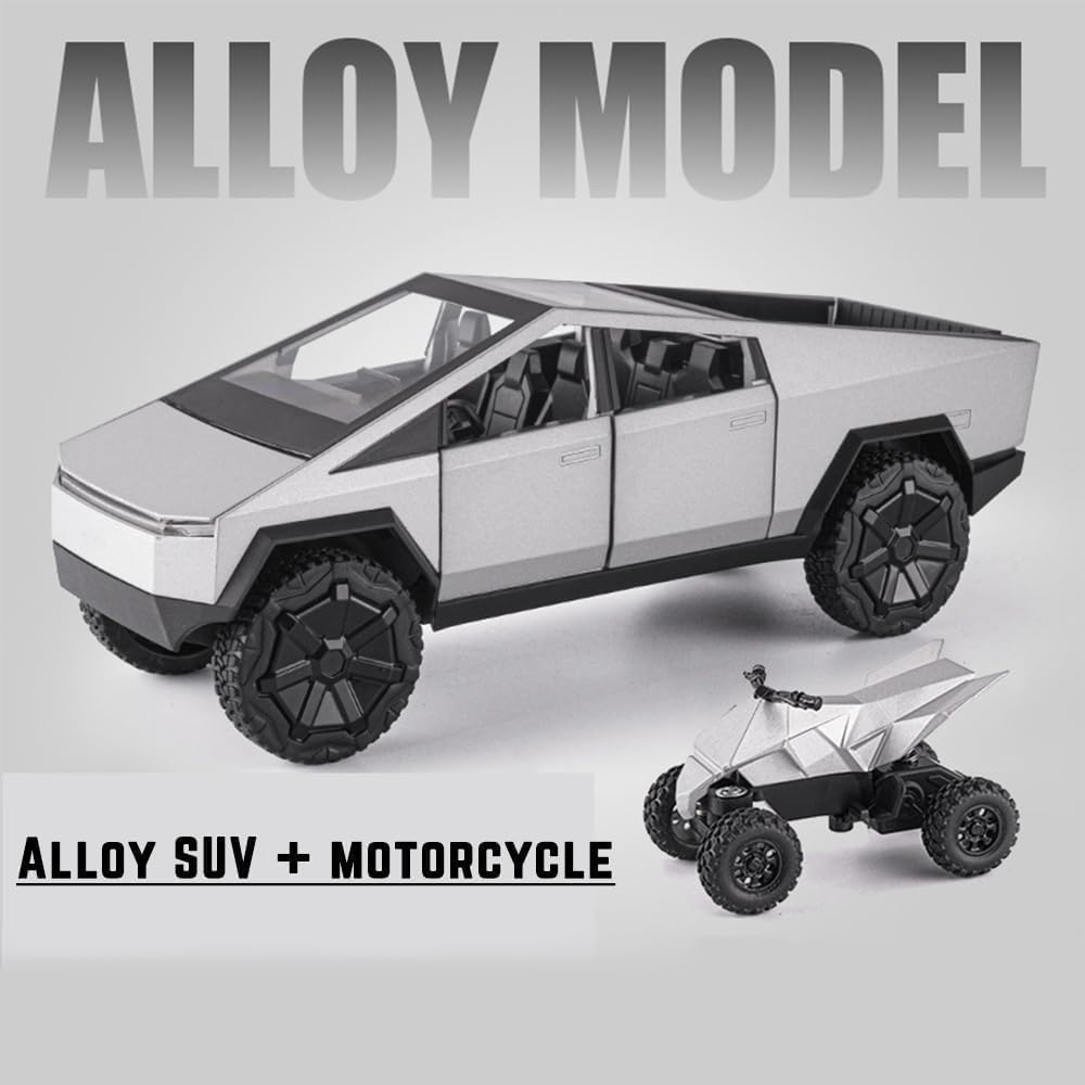 1:24 Diecast Teslaa Cybertruck with Bike Silver