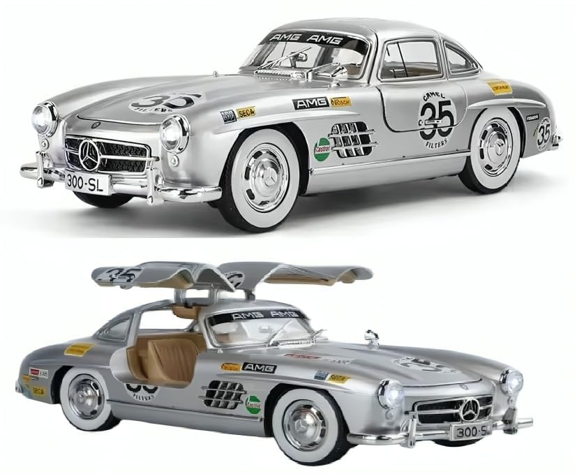 1955 Mercedes-Benz 300SL Vintage Diecast Model Car – Pull Back Alloy Toy Vehicle with Sound & Light, Openable Doors – Classic Collectible for Kids & Car Enthusiasts 1:24 Scale (Silver)