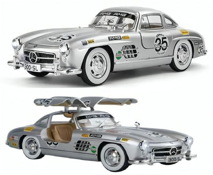 1955 Mercedes-Benz 300SL Vintage Diecast Model Car – Pull Back Alloy Toy Vehicle with Sound & Light, Openable Doors – Classic Collectible for Kids & Car Enthusiasts 1:24 Scale (Silver)