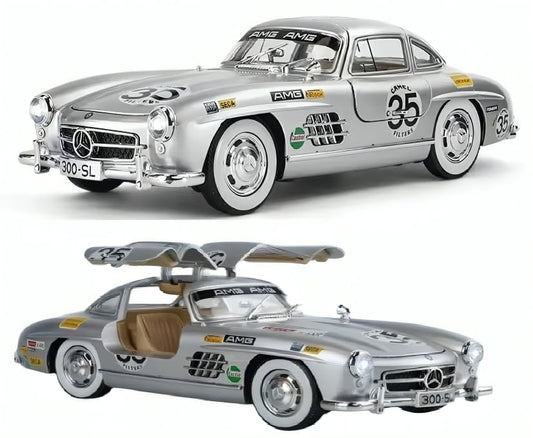 1955 Mercedes-Benz 300SL Vintage Diecast Model Car – Pull Back Alloy Toy Vehicle with Sound & Light, Openable Doors – Classic Collectible for Kids & Car Enthusiasts 1:24 Scale (Silver)