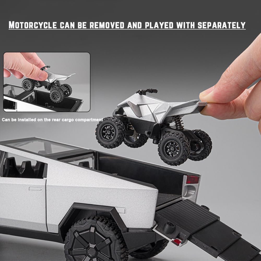 1:24 Diecast Teslaa Cybertruck with Bike Silver