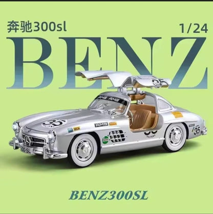 1955 Mercedes-Benz 300SL Vintage Diecast Model Car – Pull Back Alloy Toy Vehicle with Sound & Light, Openable Doors – Classic Collectible for Kids & Car Enthusiasts 1:24 Scale (Silver)
