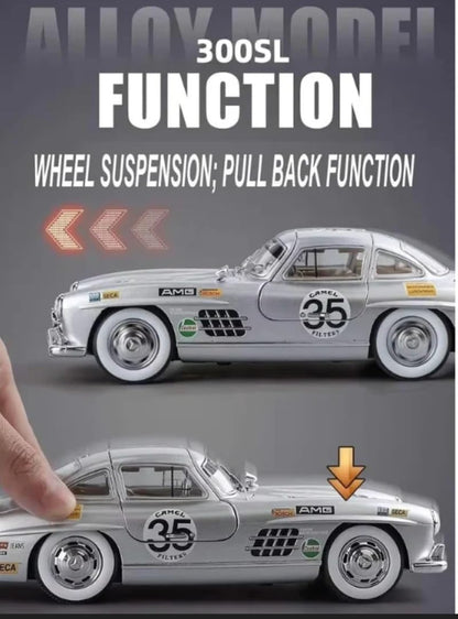 1955 Mercedes-Benz 300SL Vintage Diecast Model Car – Pull Back Alloy Toy Vehicle with Sound & Light, Openable Doors – Classic Collectible for Kids & Car Enthusiasts 1:24 Scale (Silver)