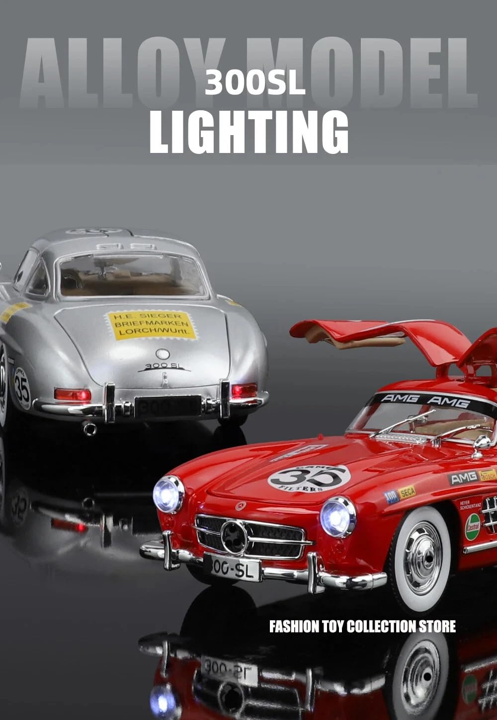 1955 Mercedes-Benz 300SL Vintage Diecast Model Car – Pull Back Alloy Toy Vehicle with Sound & Light, Openable Doors – Classic Collectible for Kids & Car Enthusiasts 1:24 Scale (Silver)