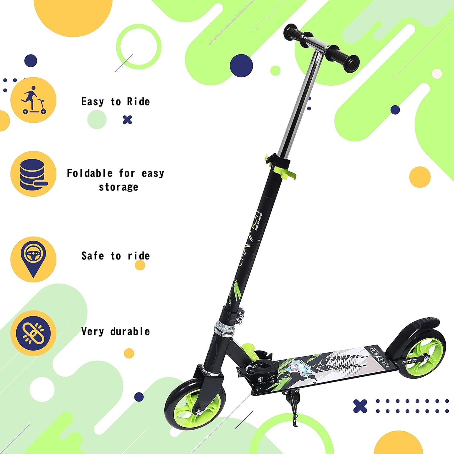Champion Kick Scooter for Kids 2 Wheels Steel Frame Large Foldable & Height Adjustable with Suspension Brake 2 Wheels Skate (Weight Capacity Up to 50 Kgs, Age 3+ years Boys & Girls)