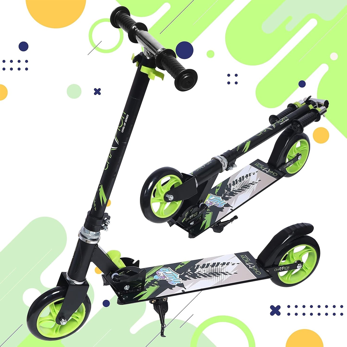 Champion Kick Scooter for Kids 2 Wheels Steel Frame Large Foldable & Height Adjustable with Suspension Brake 2 Wheels Skate (Weight Capacity Up to 50 Kgs, Age 3+ years Boys & Girls)